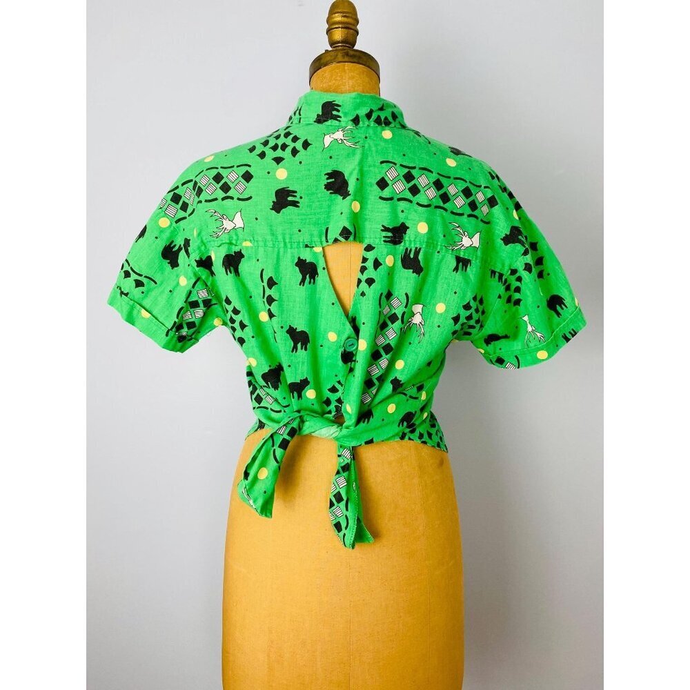 Vintage 80s Novelty Print Button Up Blouse, Women's Size M, Cut Out Tie-Back